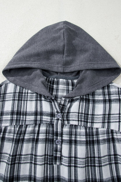 Plaid Quarter-Button Patchwork Long Sleeve Hooded Blouse