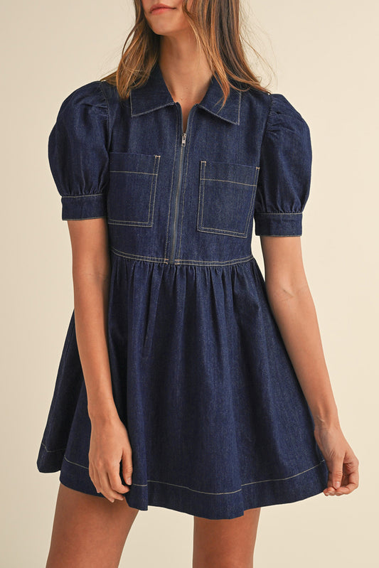 Denim Zipped Puff Sleeve Dress