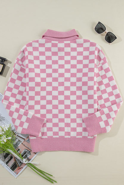 Checker Buttoned Collar Sweater