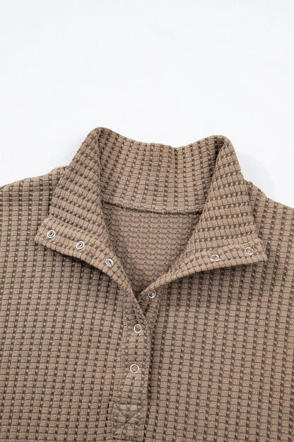 Solid Textured Knit Snap Button Collar Top