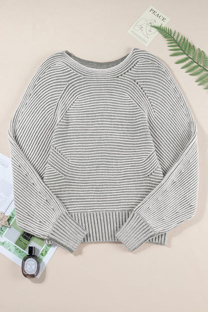 Stripe Ribbed Knit Boat Neck Sweater