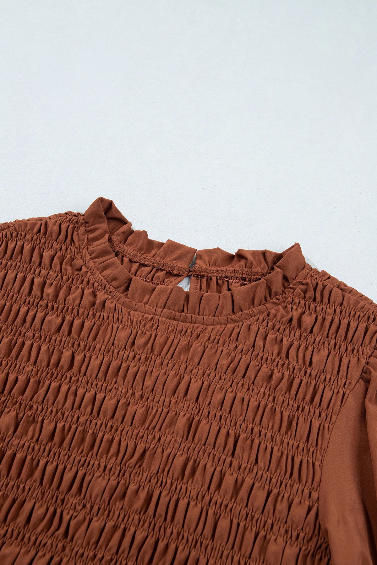 Solid Smocked Ruffle Hem Long Sleeve Blouse