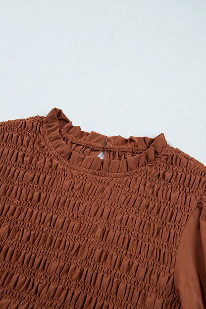 Solid Smocked Ruffle Hem Long Sleeve Blouse