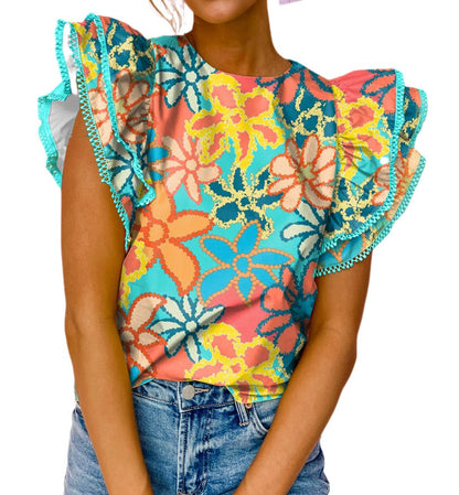 Pop of Floral Ruffle Sleeve Top