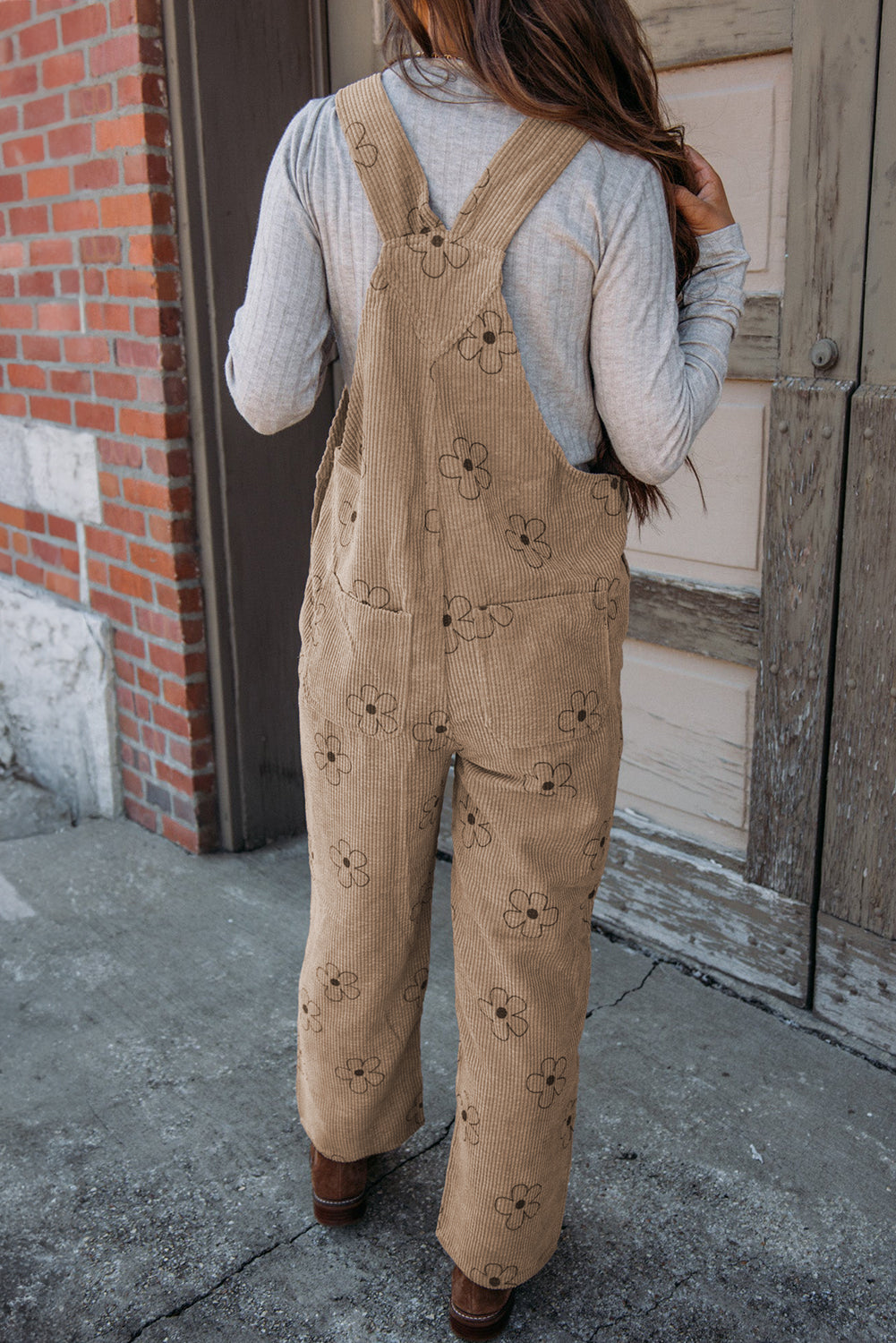 Floral Corduroy Pocketed Overalls