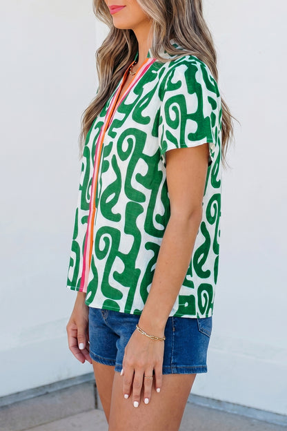 Abstract Stripe Trim V-Neck Short Sleeve Blouse