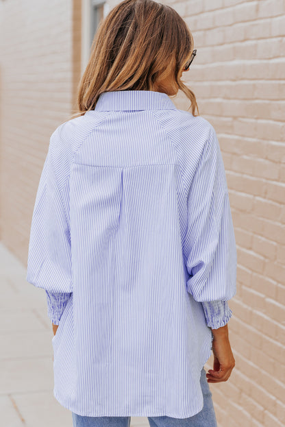Stripe Smocked Long Sleeve Button-Up Shirt