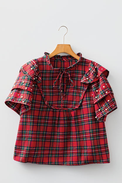 Christmas Plaid Pearl Embellished Ruffle Sleeve Blouse