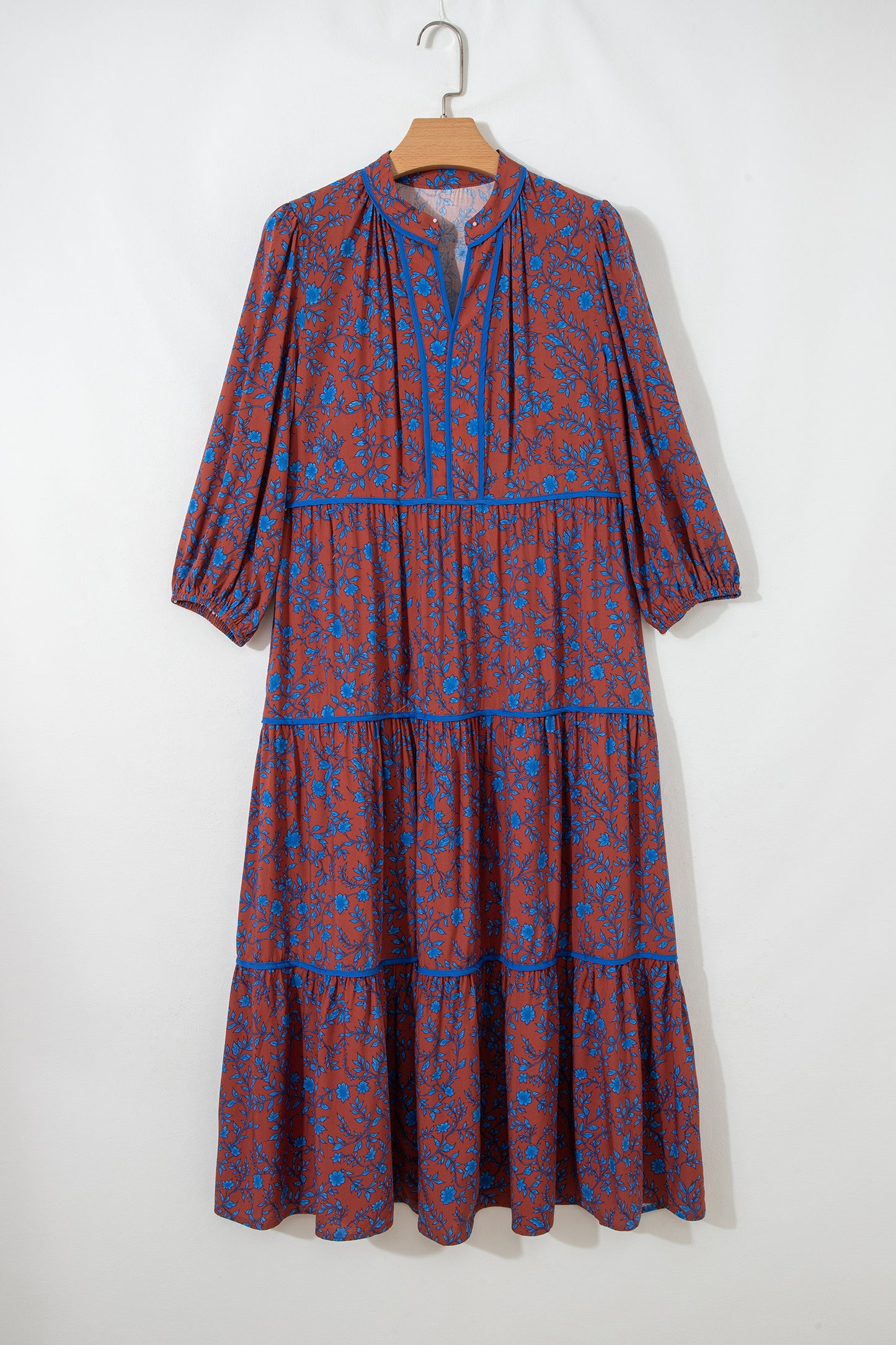 Floral Tiered 3/4 Puff Sleeve Midi Dress