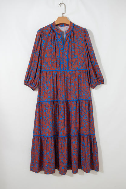 Floral Tiered 3/4 Puff Sleeve Midi Dress