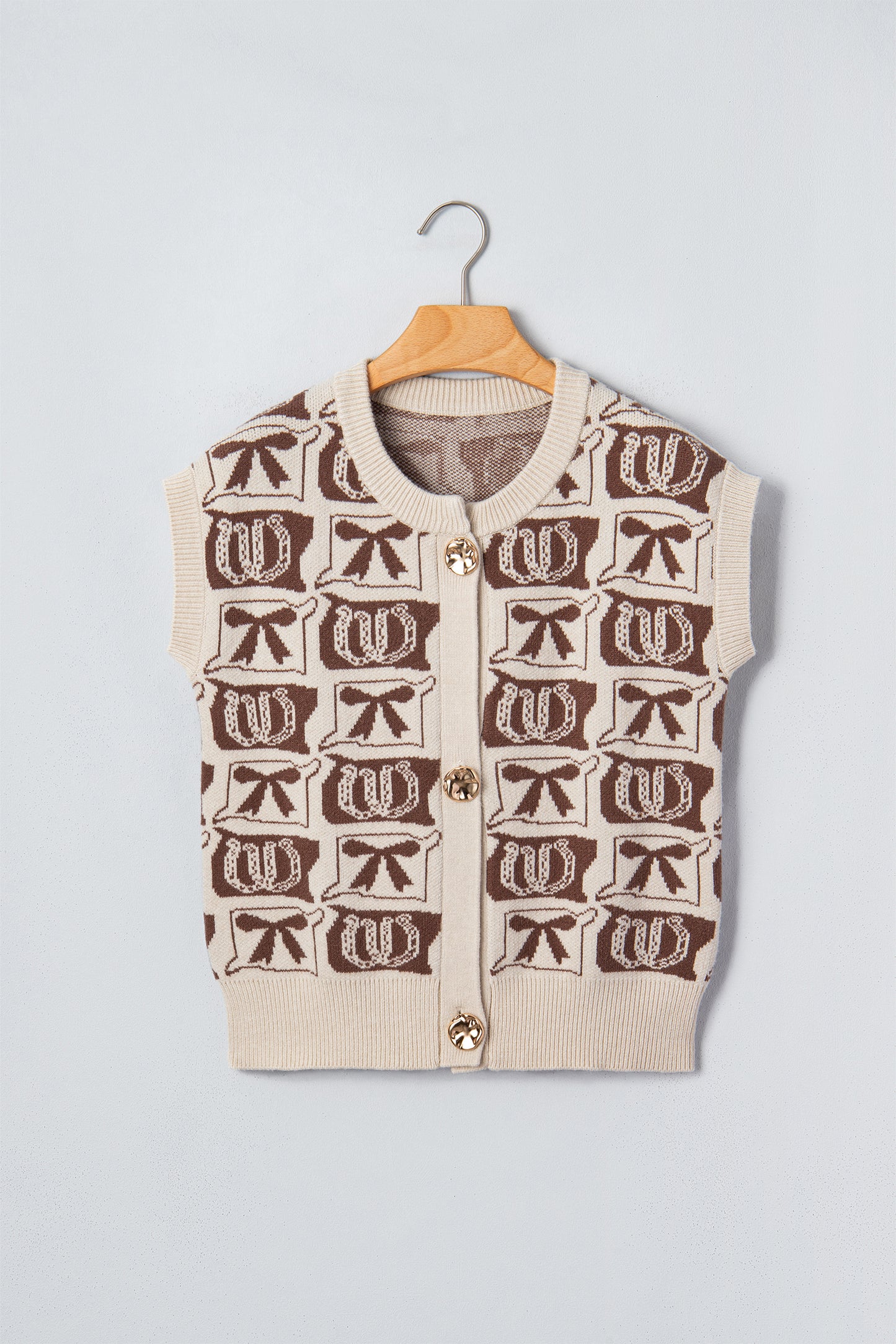 Western Horseshoe Bow Pattern Button Front Sleeveless Knit Top