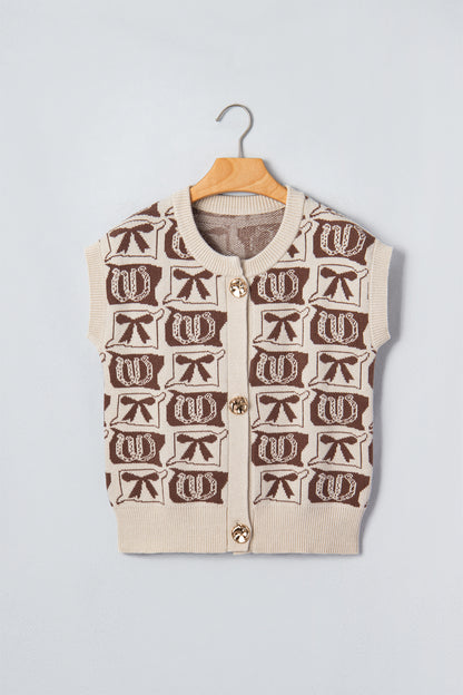 Western Horseshoe Bow Pattern Button Front Sleeveless Knit Top