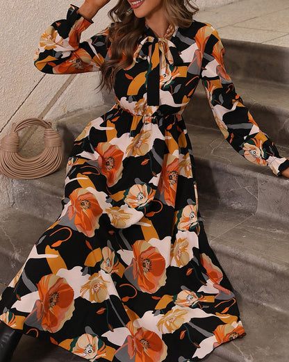 Floral Tie Neck Long Sleeve Dress