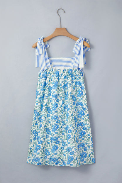 Floral Stripe Patchwork Bow Tie Strap Dress