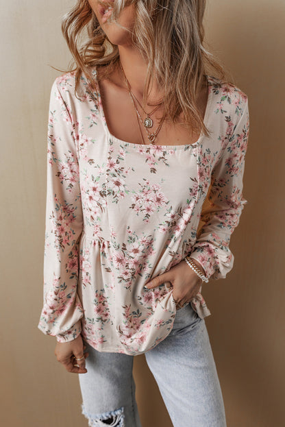 Floral Pleated Scoop Neck Blouse