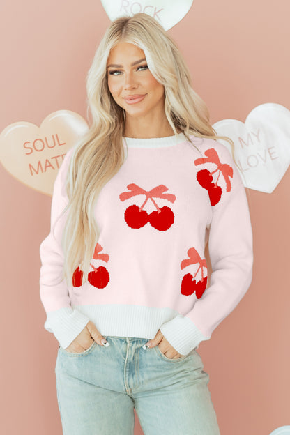 Valentine Bow Tie Cherry Drop Shoulder Sweater