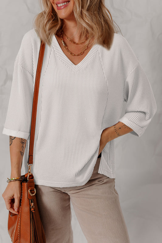 Solid 3/4 Sleeve V-Neck Top