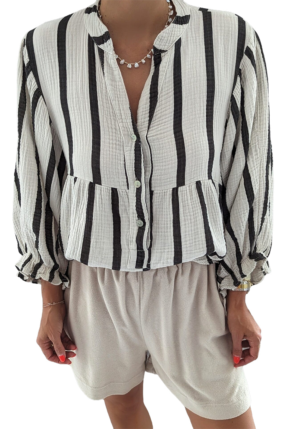 Stripe Ruffle Sleeve Buttoned Shirt