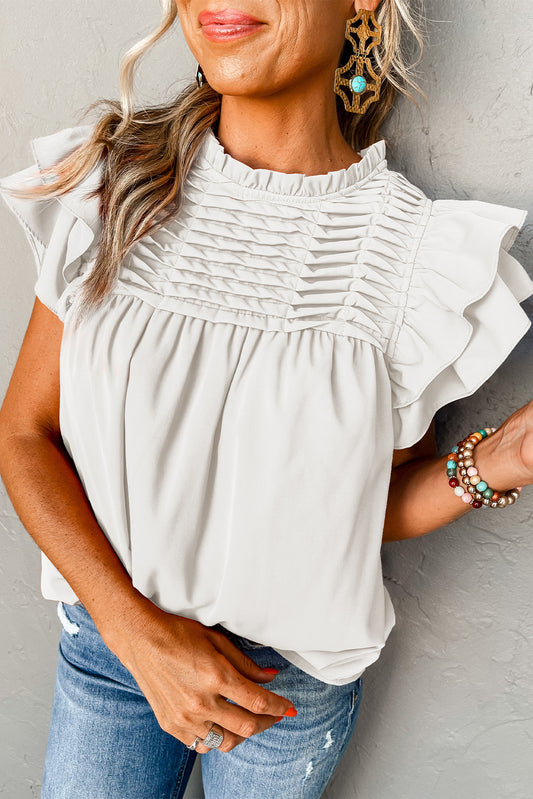 Pleated Ruffle Short Sleeve Blouse