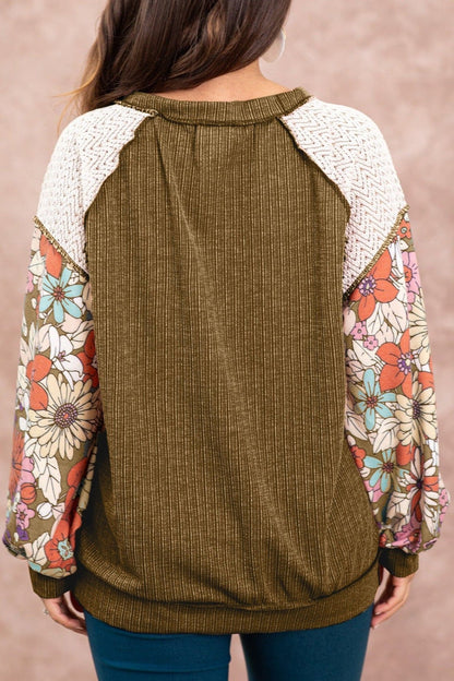 Floral Lace Patchwork Ribbed Blouse