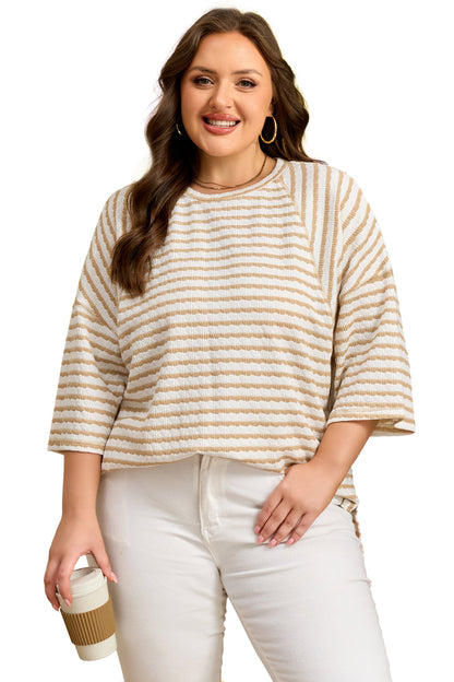 Plus Size Stripe Textured Patchwork 3/4 Sleeve Top