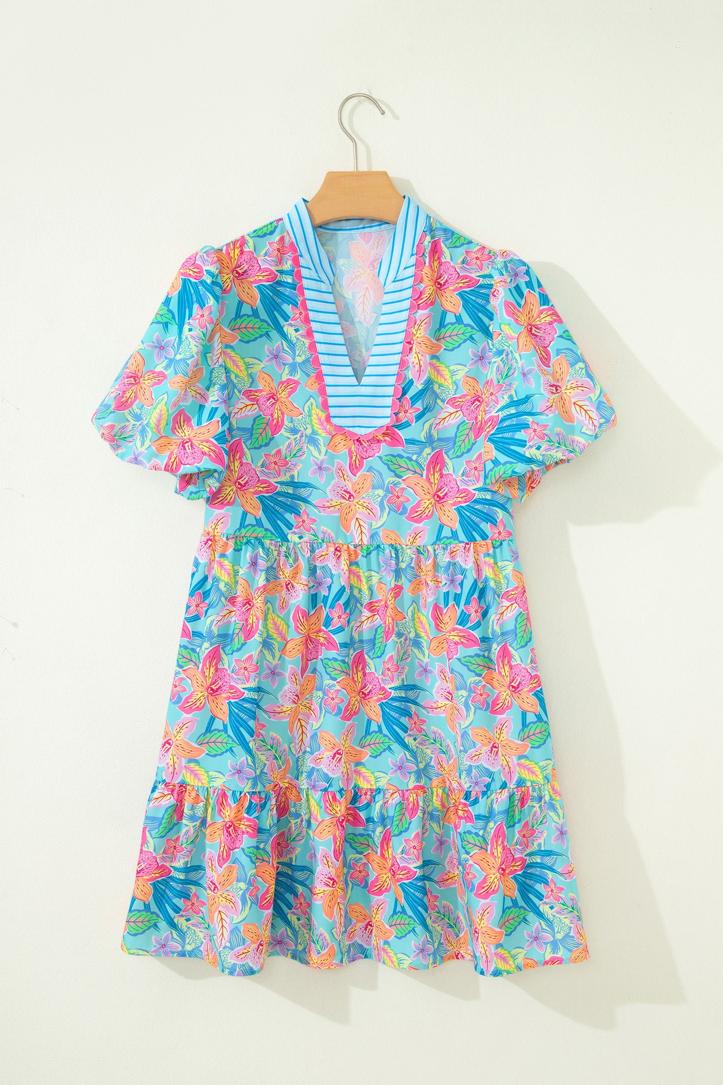 Floral Stripe Scallop Trim V-Neck Tiered Dress