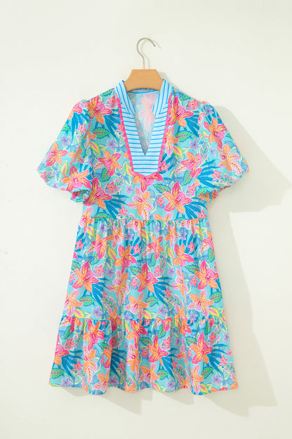 Floral Stripe Scallop Trim V-Neck Tiered Dress