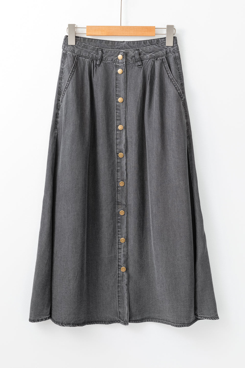 Denim Chambray Buttoned Midi Skirt Pretty Bash