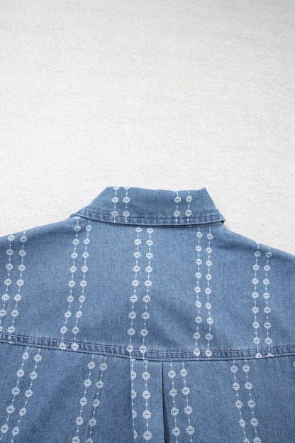 Floral Stripe Denim Buttoned Long Sleeve Shirt