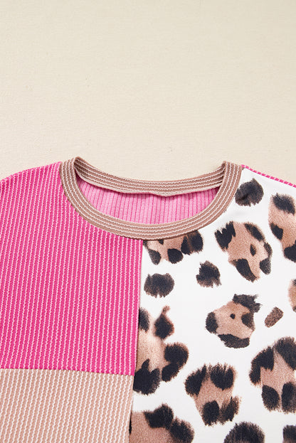 Plus Size Leopard Corded Knit Patchwork Long Sleeve Top