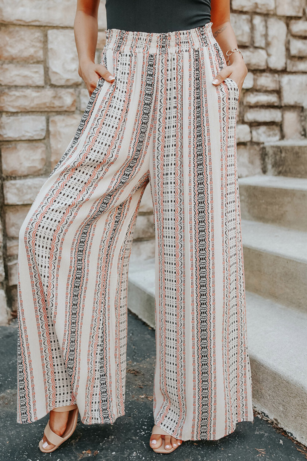 Geometric Stripe Smocked Waist Pants