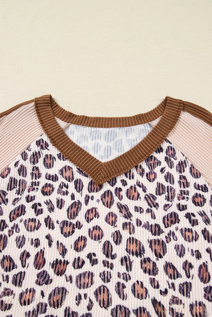Plus Size Leopard Colorblock Ribbed V-Neck Pullover