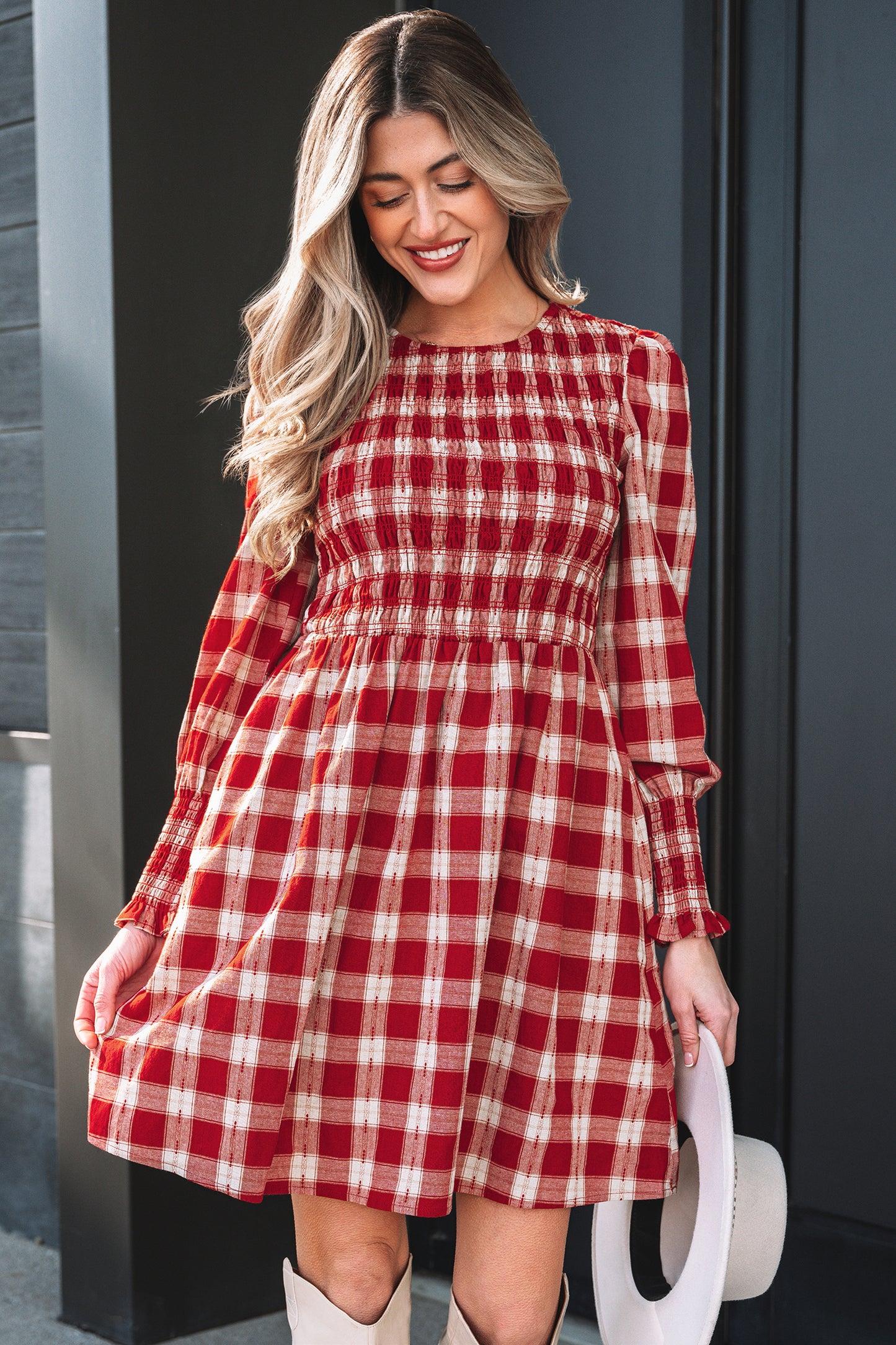 Plaid Smocked Puff Sleeve Mini Dress