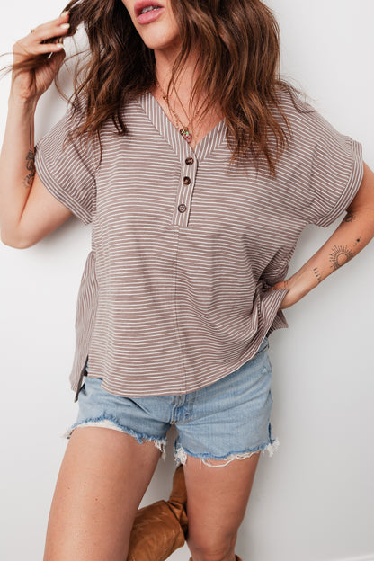 Stripe Buttoned V-Neck Short Sleeve T-Shirt