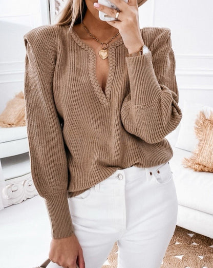 Braided Trim Puff Sleeve Sweater