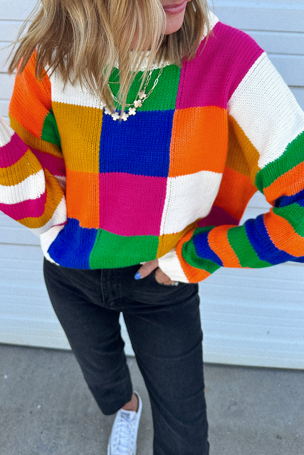 Checker Colorblock Round Neck Sweater