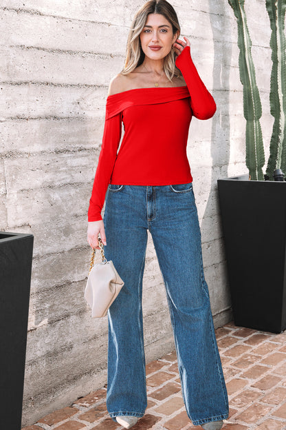 Solid Fold-Over Off-Shoulder Long Sleeve Top