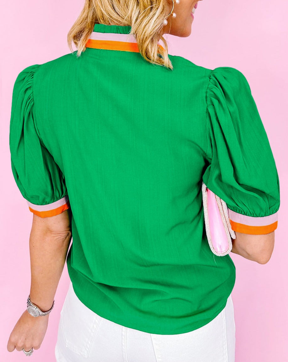 Colorblock Trim Short Sleeve Blouse