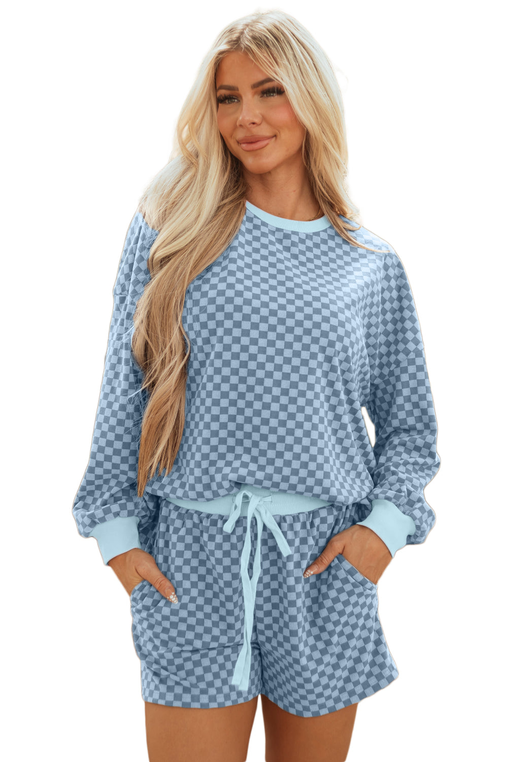 Checker Long Sleeve Pullover and Shorts Set