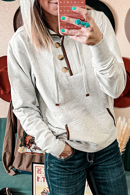 Contrast Trim Buttoned Hoodie w/Pocket