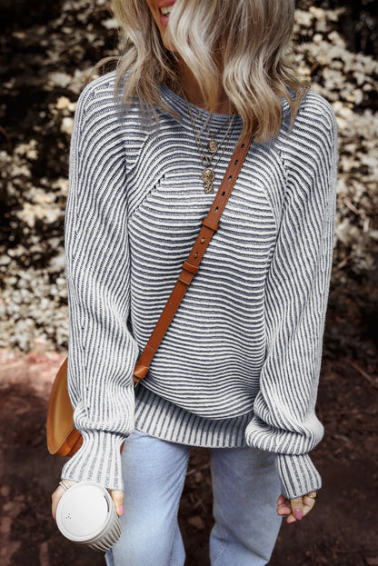 Stripe Ribbed Knit Boat Neck Sweater