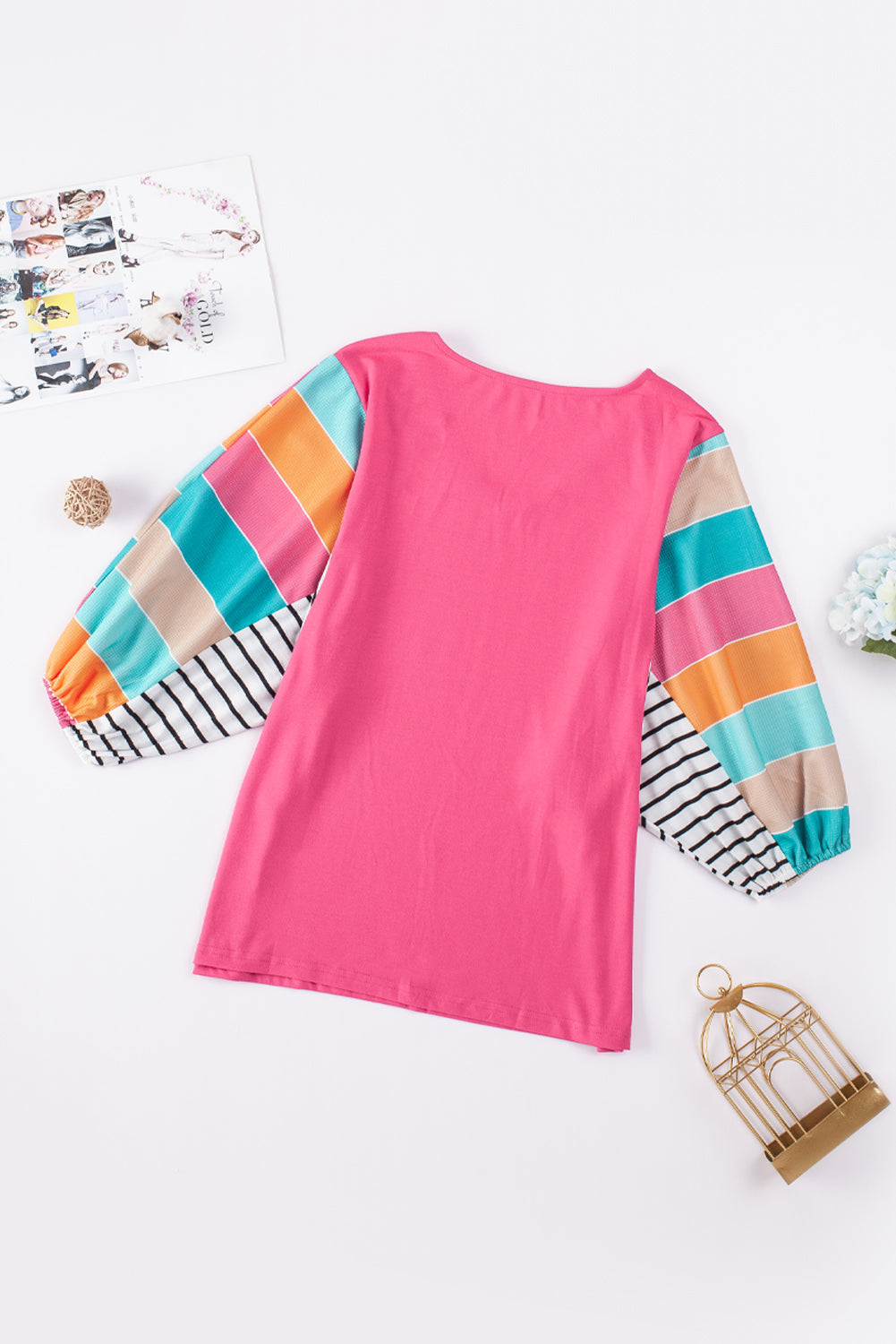 Stripe Colorblock Bubble Sleeve Top