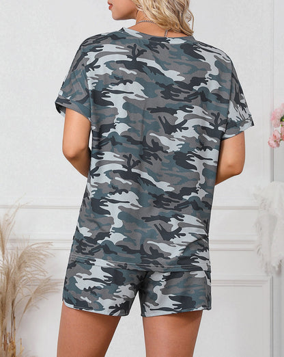 Camo Pocketed Shorts Loungewear Set