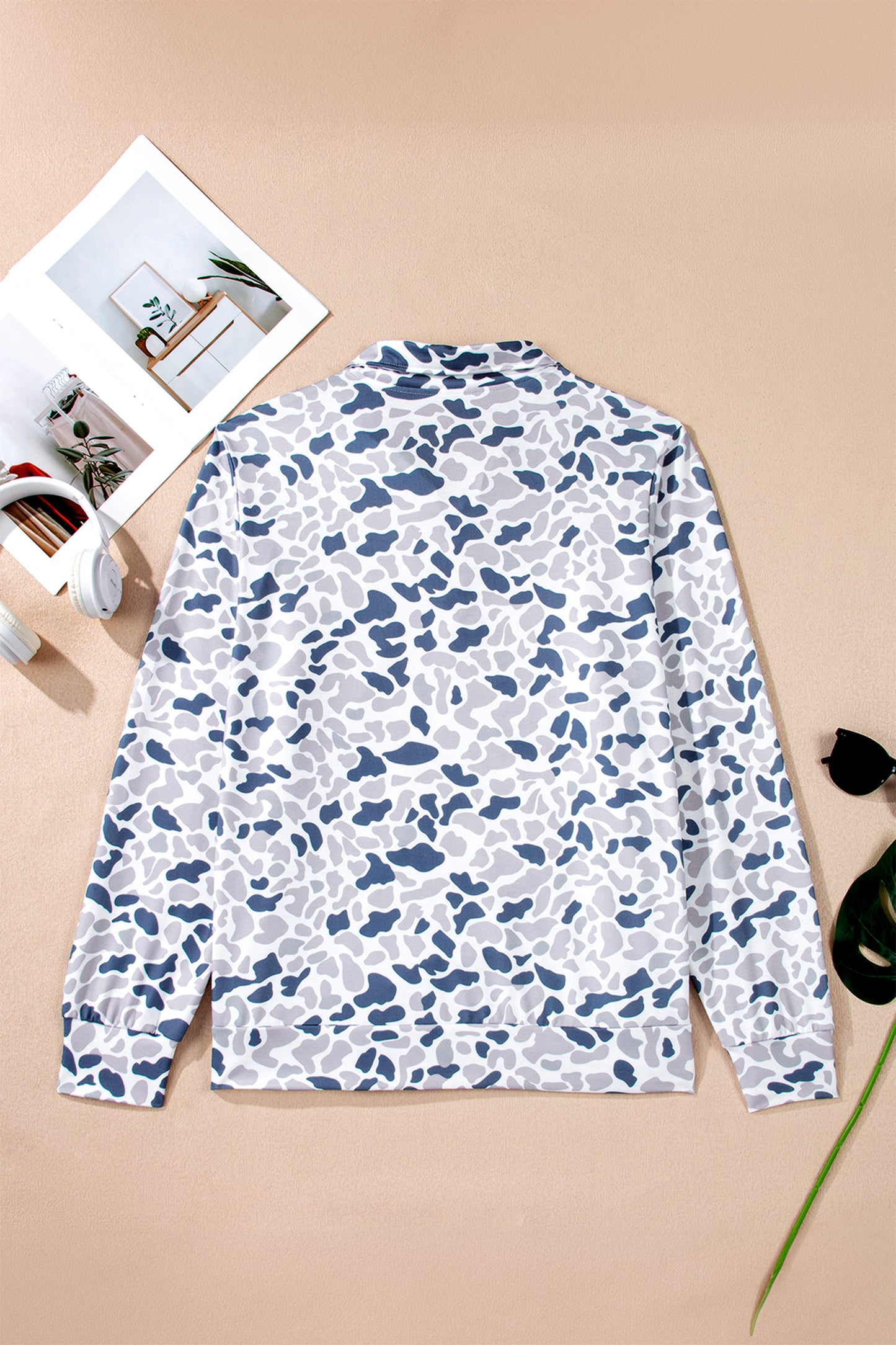 Plus Size Camo Quarter Zip Kangaroo Pocket Sweatshirt
