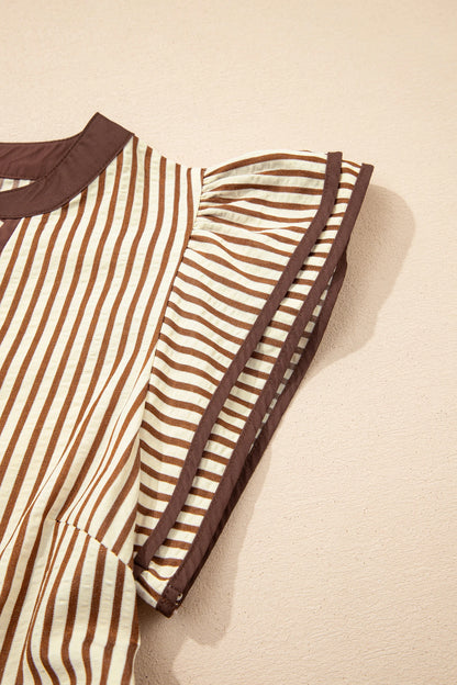 Stripe Ruffle Short Sleeve V-Neck Midi Dress