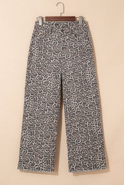 Leopard Frayed Edge High Waist Wide Leg Jeans