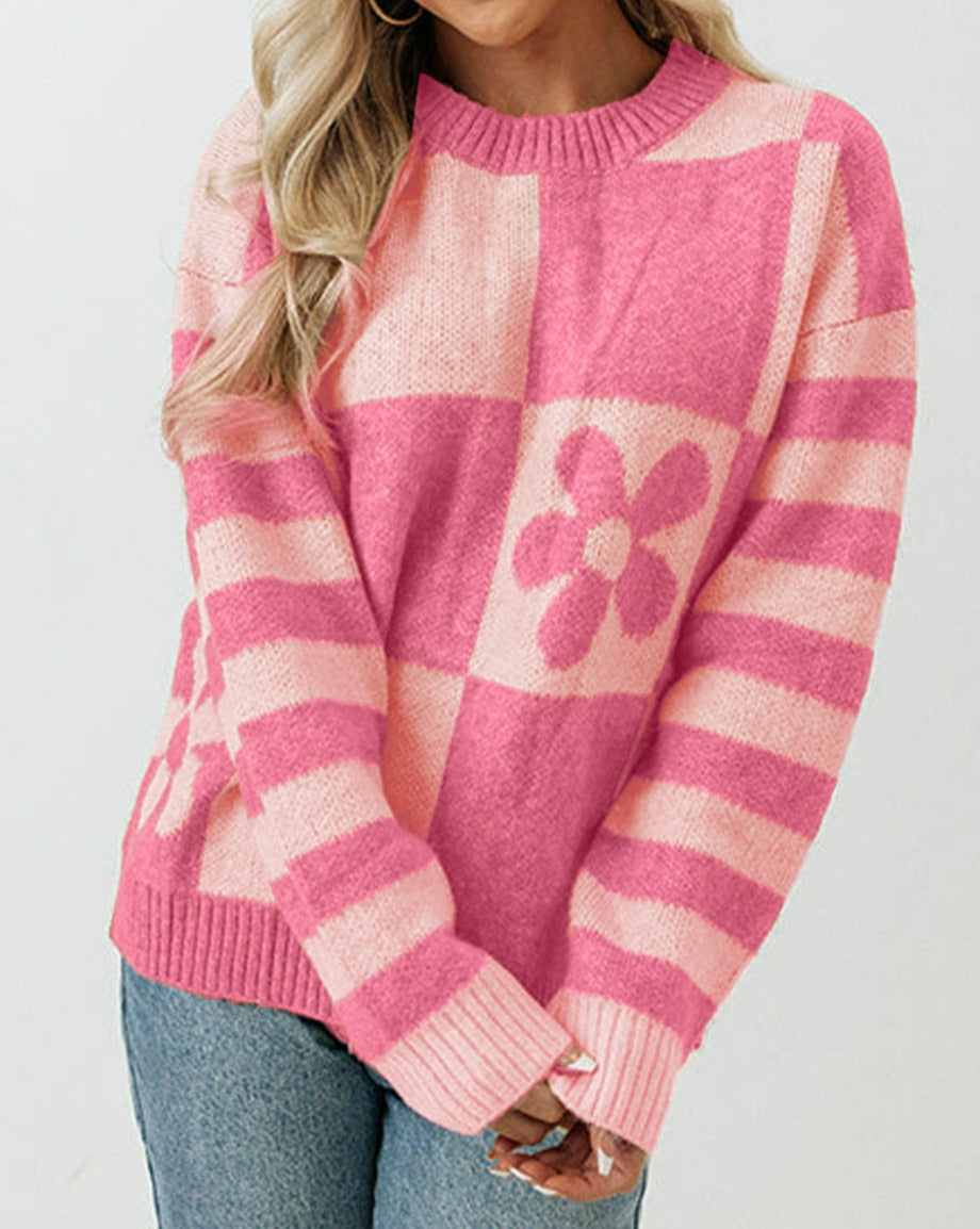 Checkered Floral Stripe Colorblock Sweater