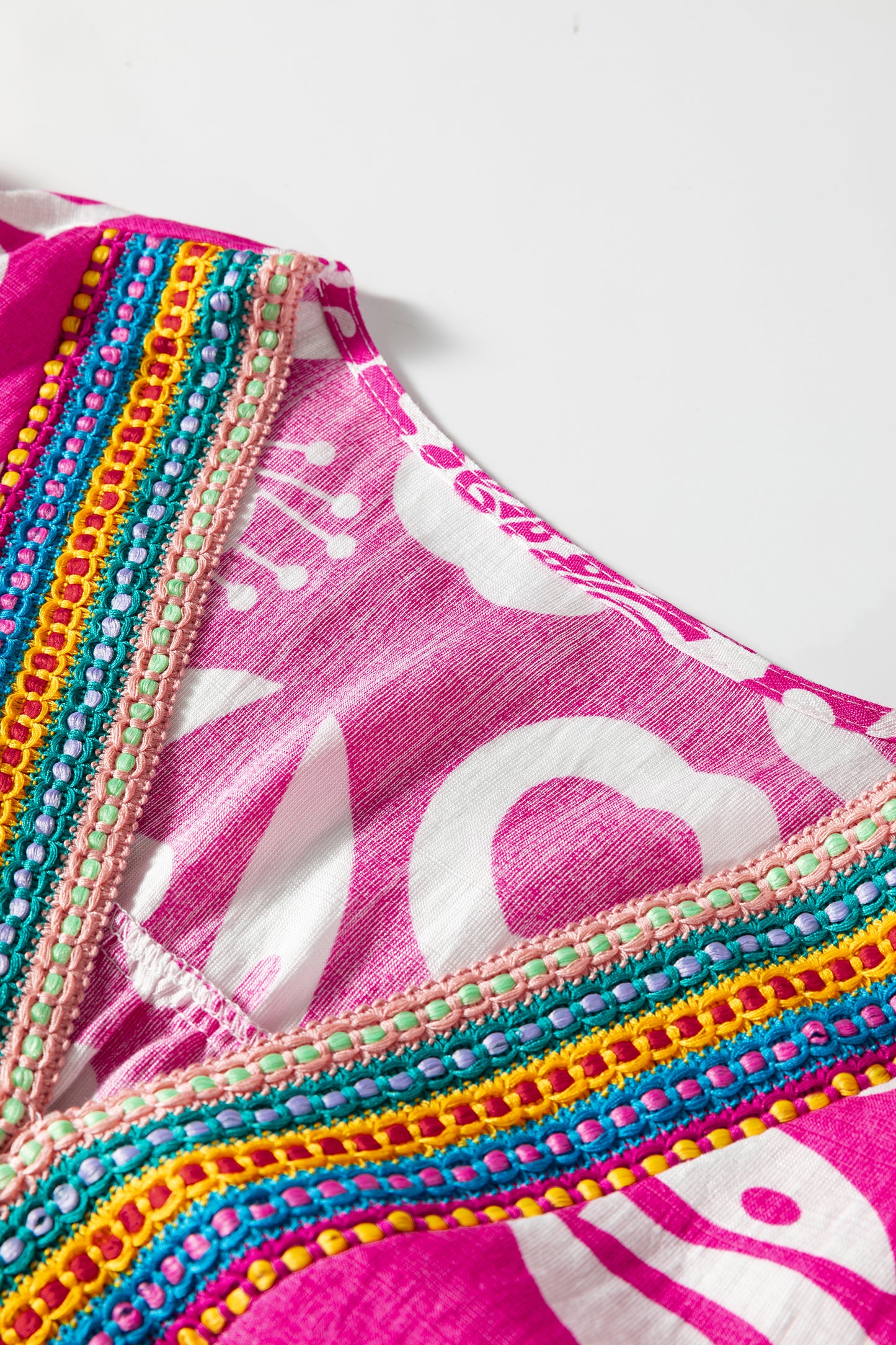 Boho Abstract Contrast Trim V-Neck Flared Dress