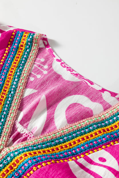 Boho Abstract Contrast Trim V-Neck Flared Dress