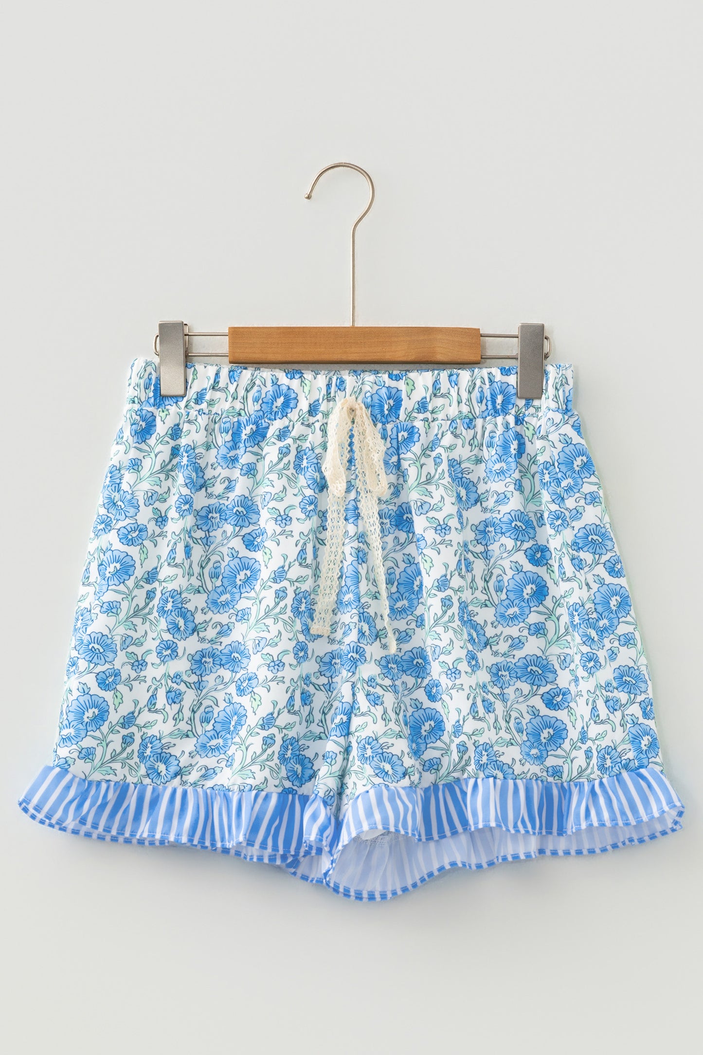 Floral Stripe Ruffle Hem Lace Tie Shorts